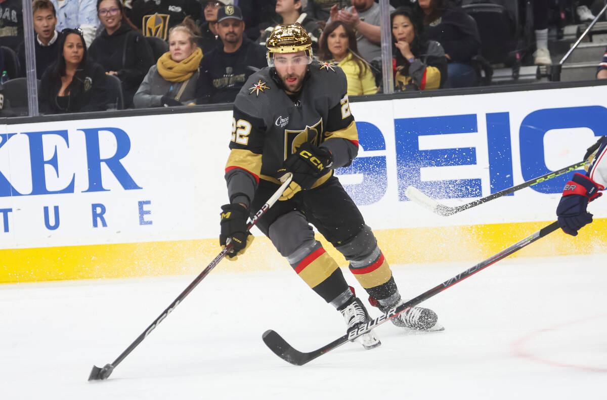 Golden Knights right wing Michael Amadio (22) skates with the puck against the Columbus Blue Ja ...