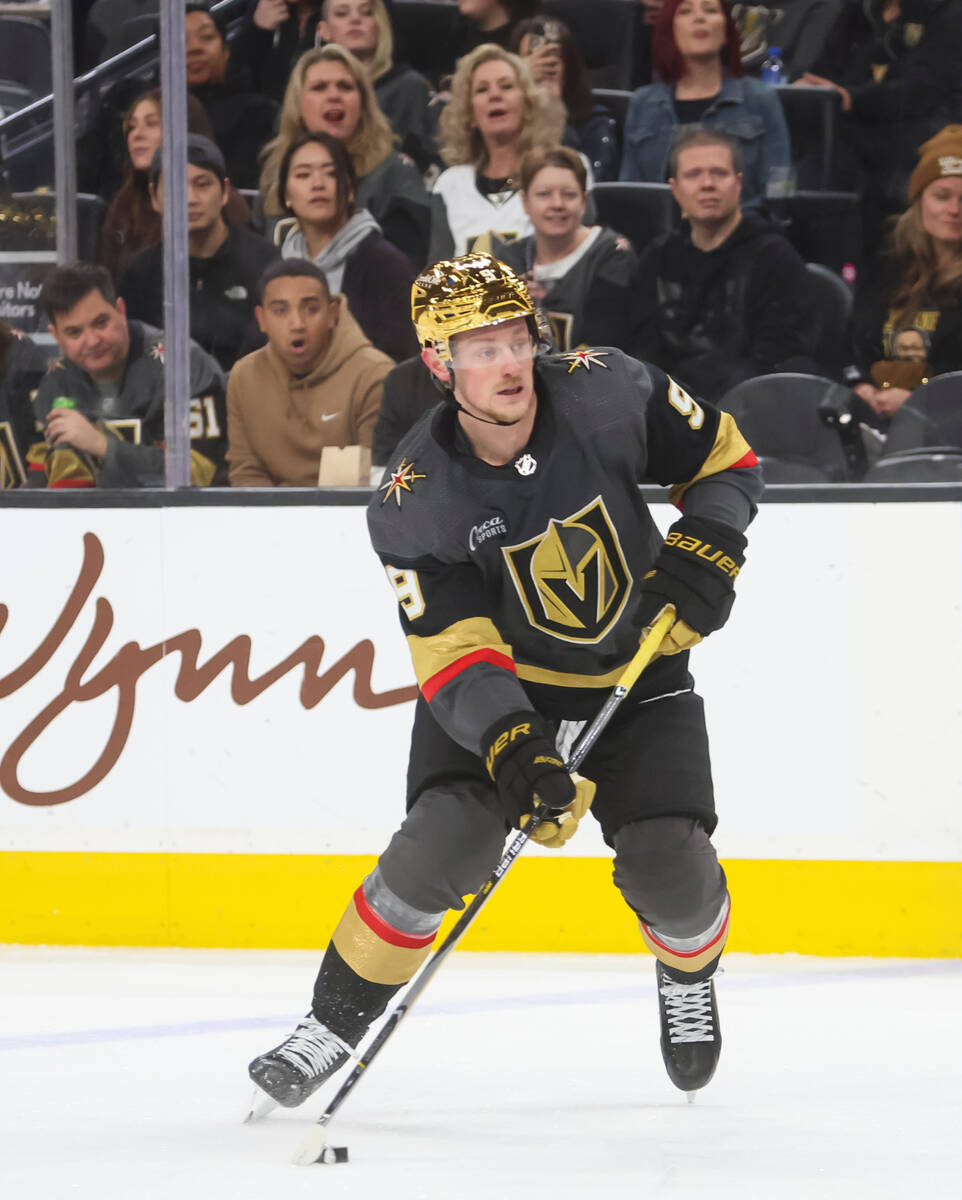 Golden Knights center Jack Eichel (9) looks to shoot against the Columbus Blue Jackets during t ...