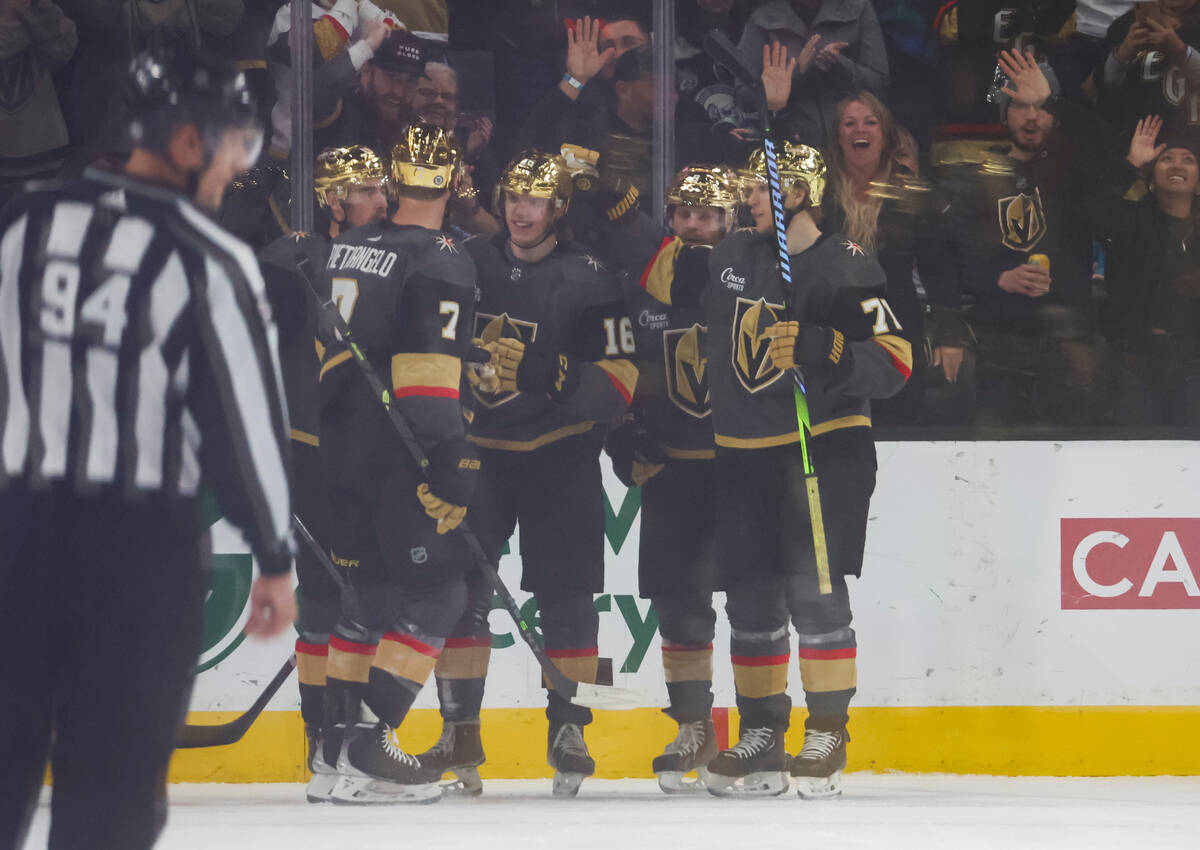Golden Knights left wing Pavel Dorofeyev (16) celebrates his goal with teammates during the sec ...