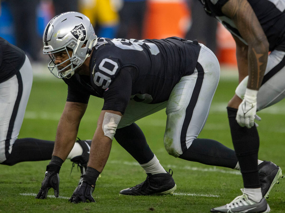 Raiders defensive tackle Jerry Tillery (90) lines up during the first half of an NFL game again ...