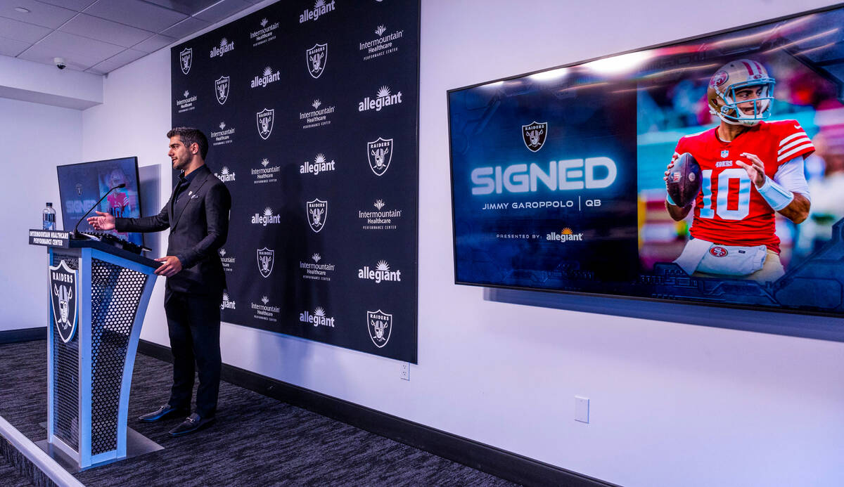 Jimmy Garoppolo answers a question during a press conference at the Raiders Headquarters and In ...