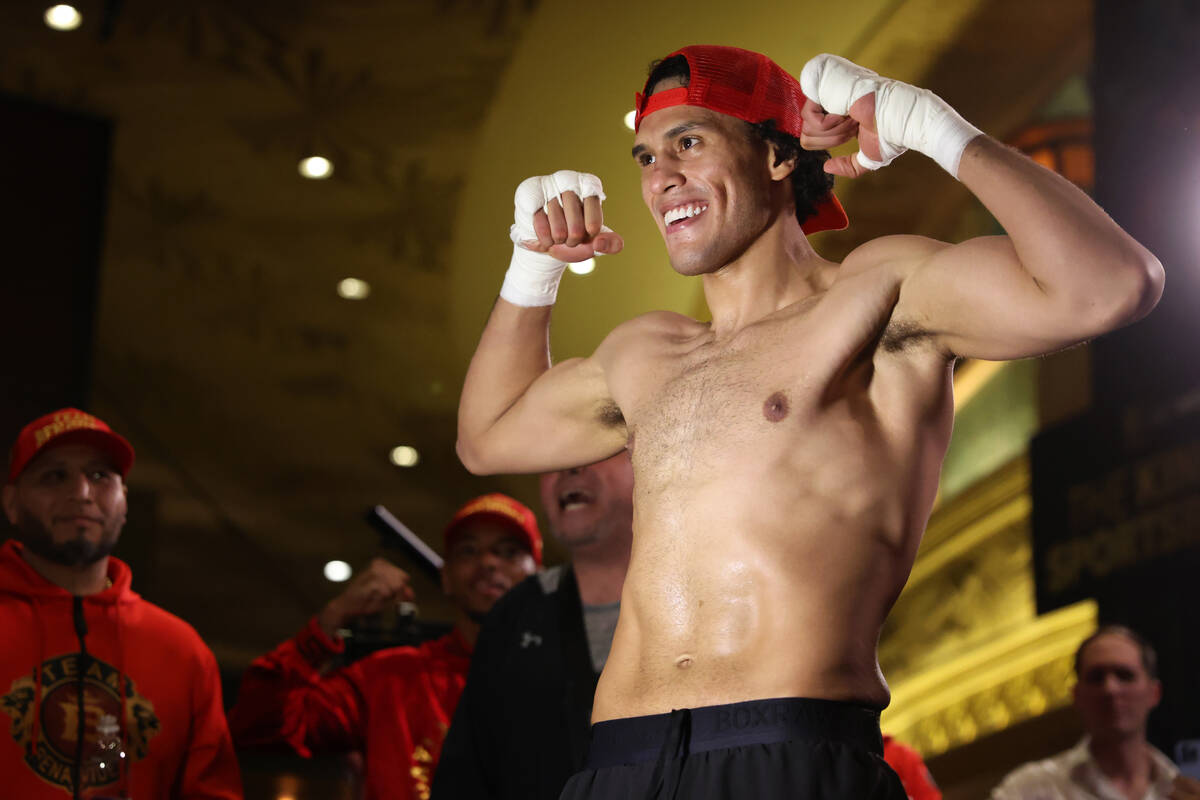 David Benavidez poses during an open workout event at the MGM Grand in Las Vegas in preparation ...