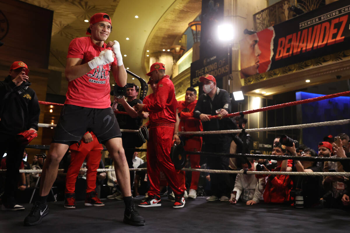 David Benavidez works out in front of fans during an open workout event at the MGM Grand in Las ...