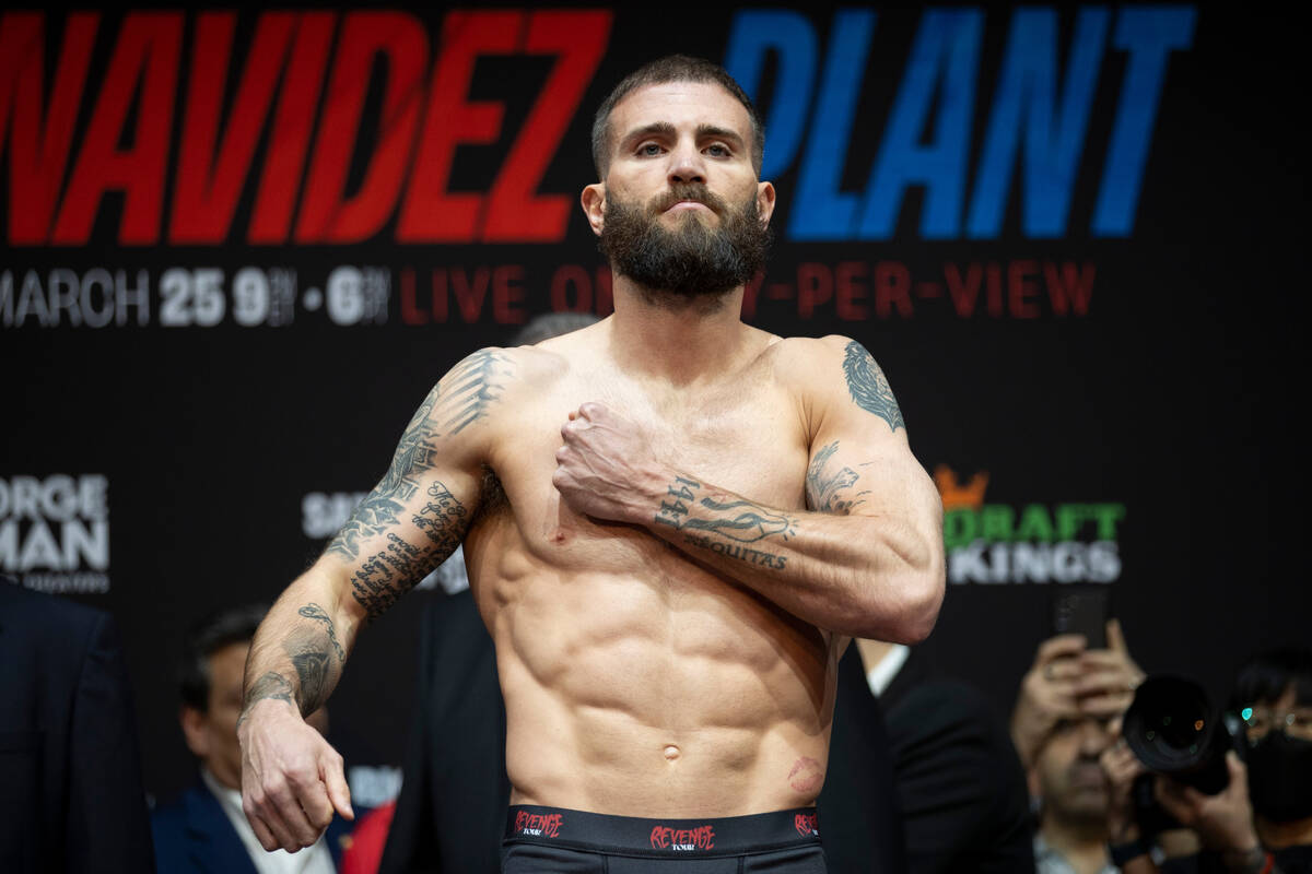Caleb Plant poses during a weigh-in event in advance of his super middleweight title bout again ...
