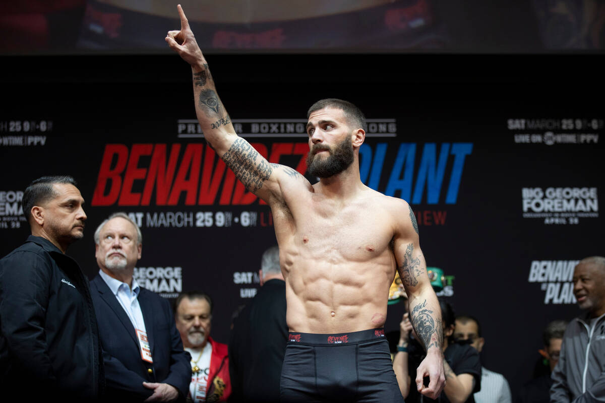 Caleb Plant poses during a weigh-in event in advance of his super middleweight title bout again ...