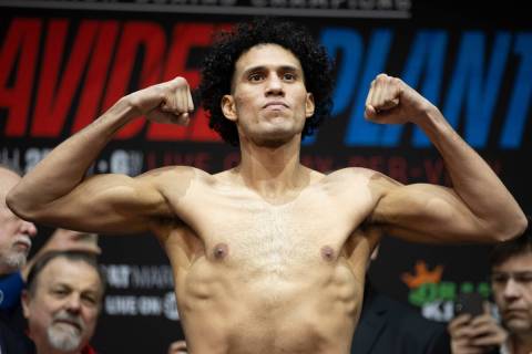 David Benavidez poses during a weigh-in event in advance of his super middleweight title bout a ...