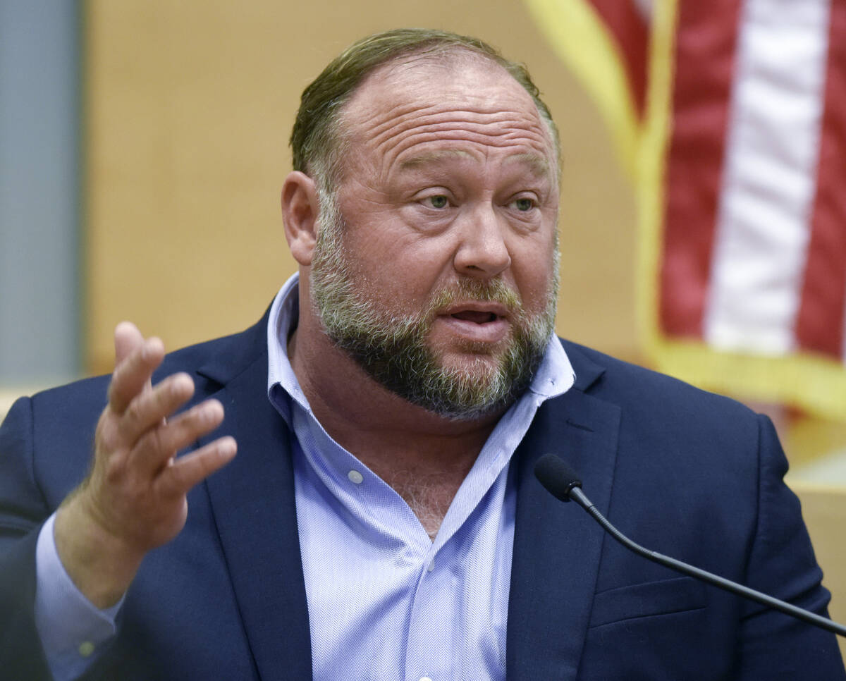 FILE - Conspiracy theorist Alex Jones takes the witness stand to testify at the Sandy Hook defa ...