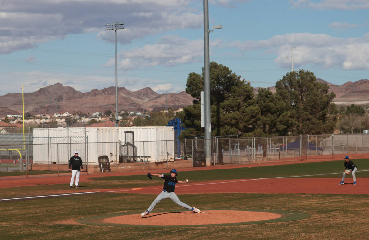 Green Valley's Joseph Steidel (37) pitches to Basic during a baseball game at Basic Academy of ...