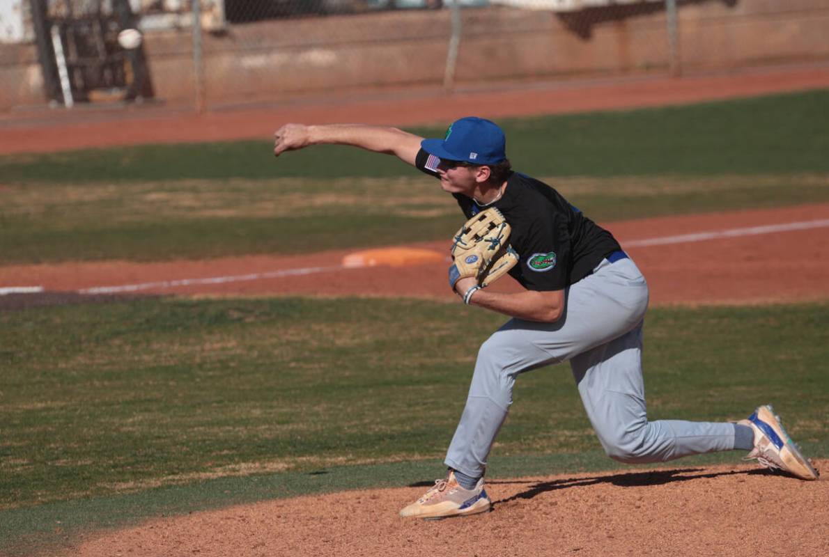 Green Valley's Drew Cammann (5) pitches to Basic during a baseball game at Basic Academy of Int ...