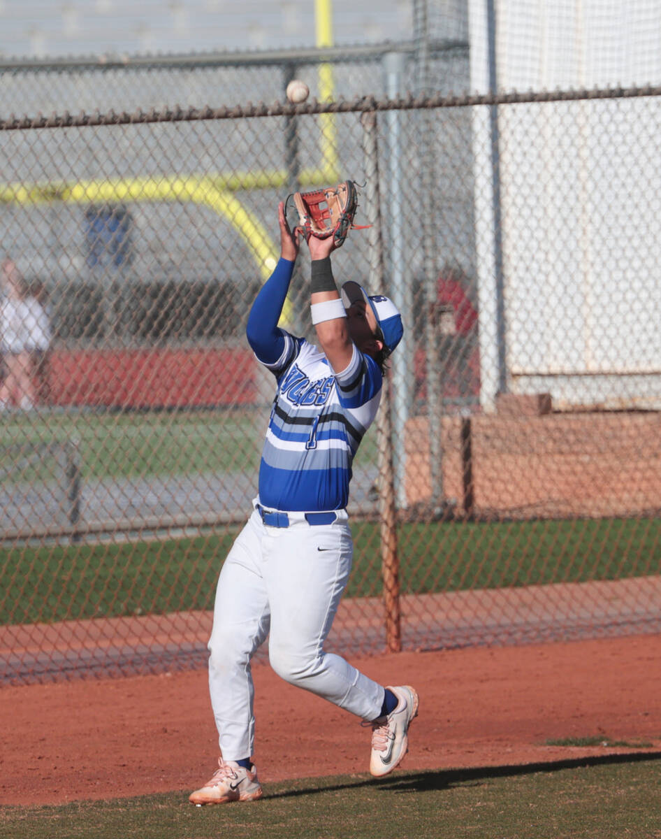 Basic's infielder Robin Vergara (1) catches a fly ball from Green Valley during a baseball game ...