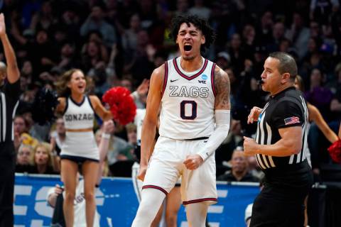 Gonzaga guard Julian Strawther reacts after hitting a 3-point basket in the second half of a se ...