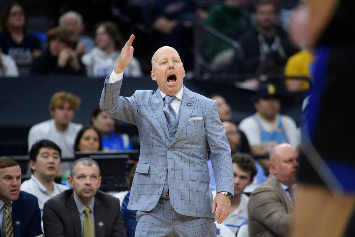 UCLA coach Mick Cronin shouts instructions from the bench during the second half of the team's ...