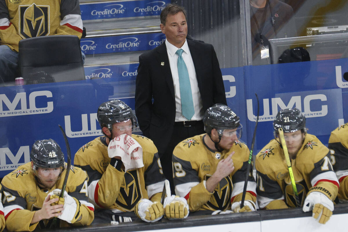 Vegas Golden Knights head coach Bruce Cassidy is seen during the third period of an NHL hockey ...