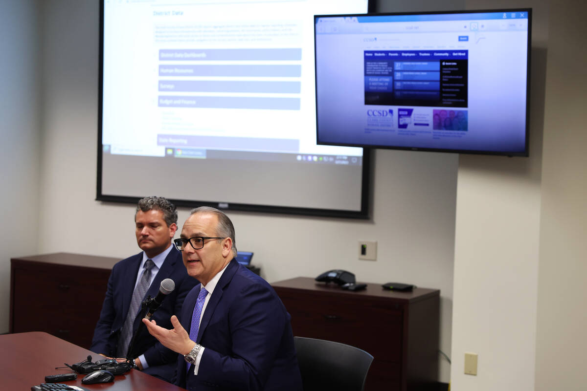 Clark County School District Superintendent Jesus Jara, right, with Greg Manzi, assistant super ...