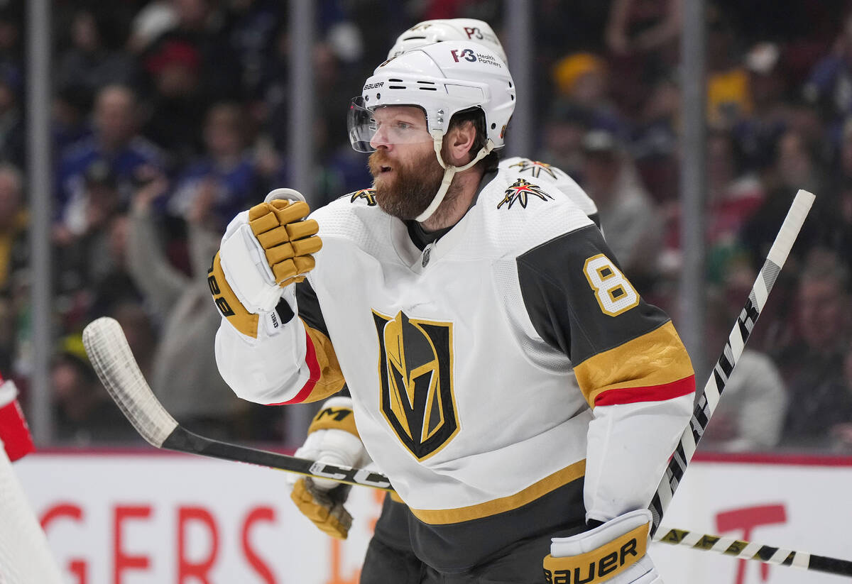 Vegas Golden Knights' Phil Kessel celebrates his goal against the Vancouver Canucks during the ...