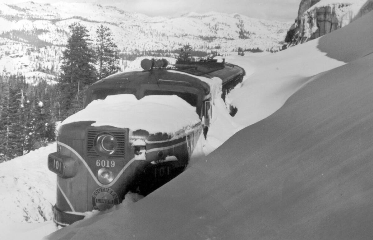 Southern Pacific Railroad's City of San Francisco lies stranded in the Donner Summit area durin ...
