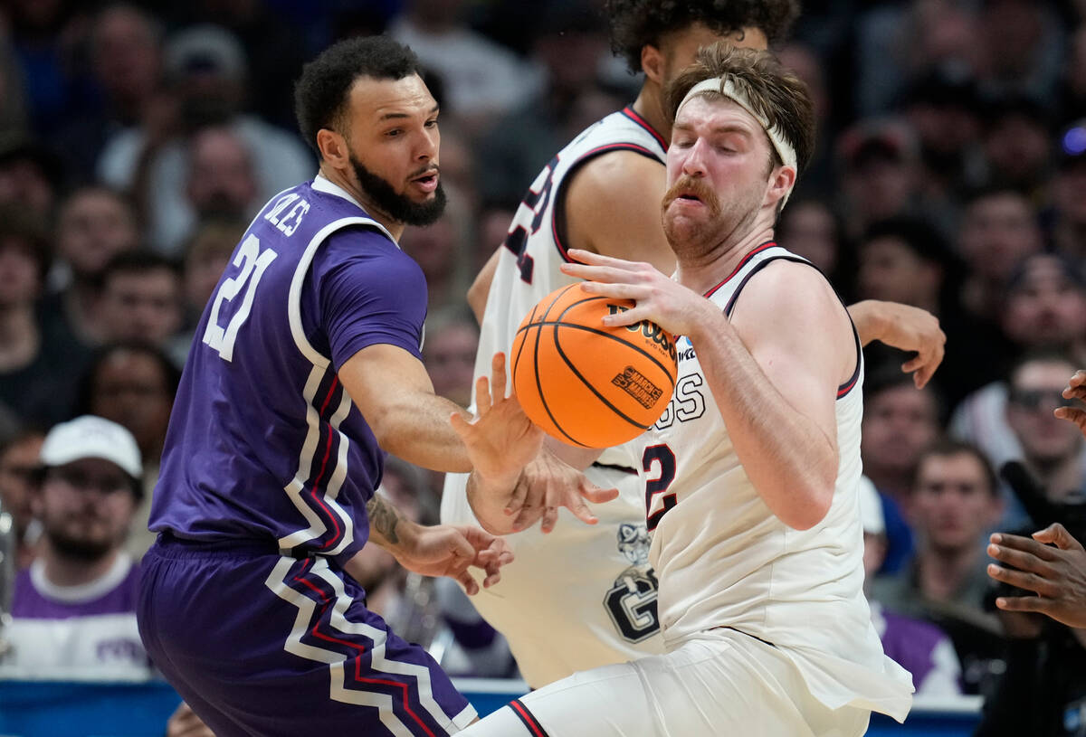 Gonzaga forward Drew Timme (2) and TCU forward JaKobe Coles (21) in the second half of a second ...