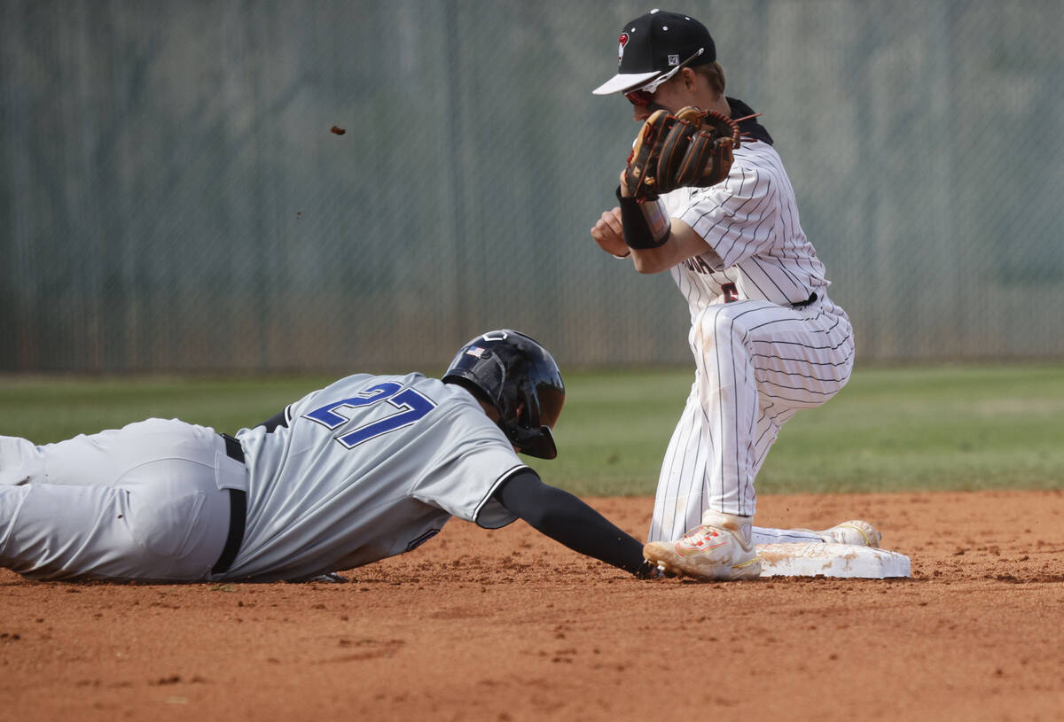 Bishop Gorman's Nolan Eberwein (27) gets back safely to second on a pick-off attempt as Desert ...