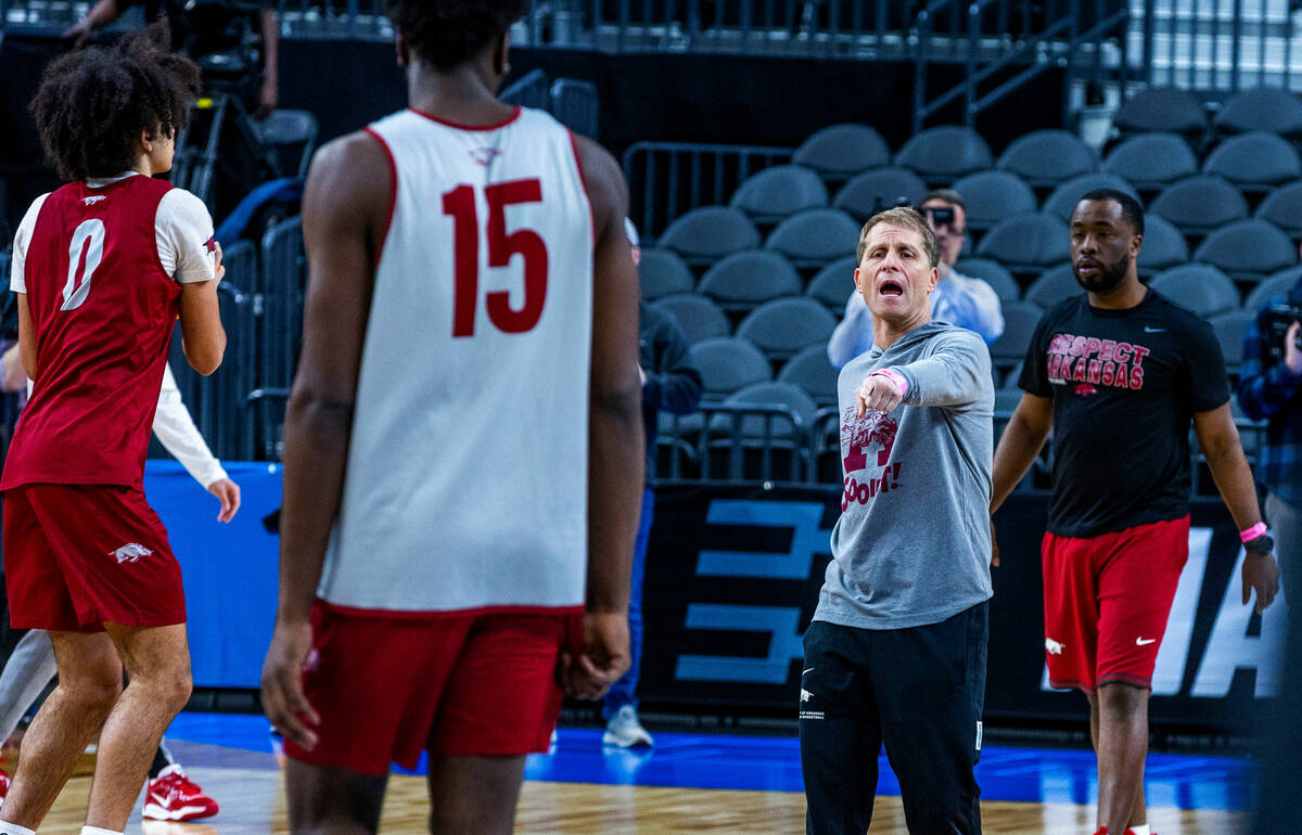 Arkansas head coach Eric Musselman directs his players during the West Regional practice for th ...