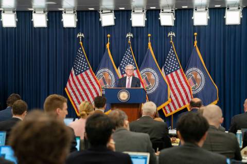 File - Federal Reserve chair Jerome Powell speaks during a news conference, Wednesday, Feb. 1, ...