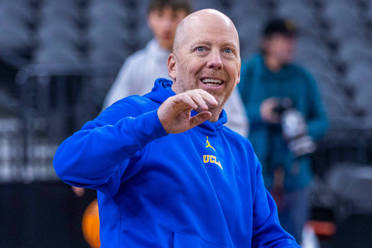 UCLA head coach Mick Cronin jokes with broadcasters during the West Regional practice for the S ...