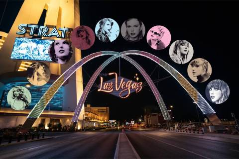 A photo illustration of Taylor Swift's album covers and the Gateway Arches, which will be displ ...