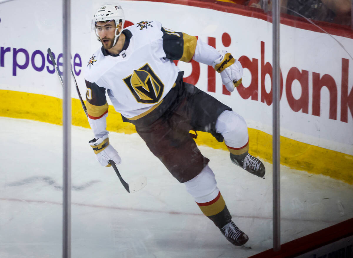 Vegas Golden Knights forward Nicolas Roy celebrates after his goal during third-period NHL hock ...