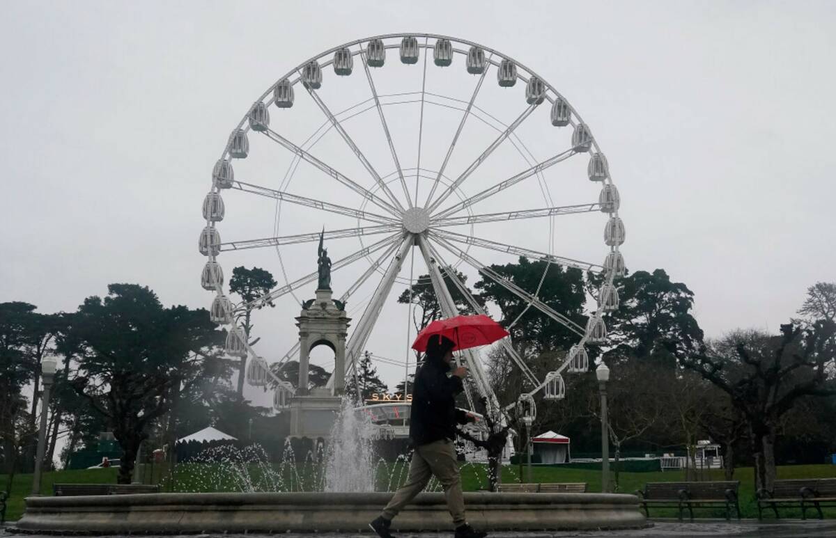 A pedestrian carries an umbrella while walking past the SkyStar Observation Wheel in Golden Gat ...