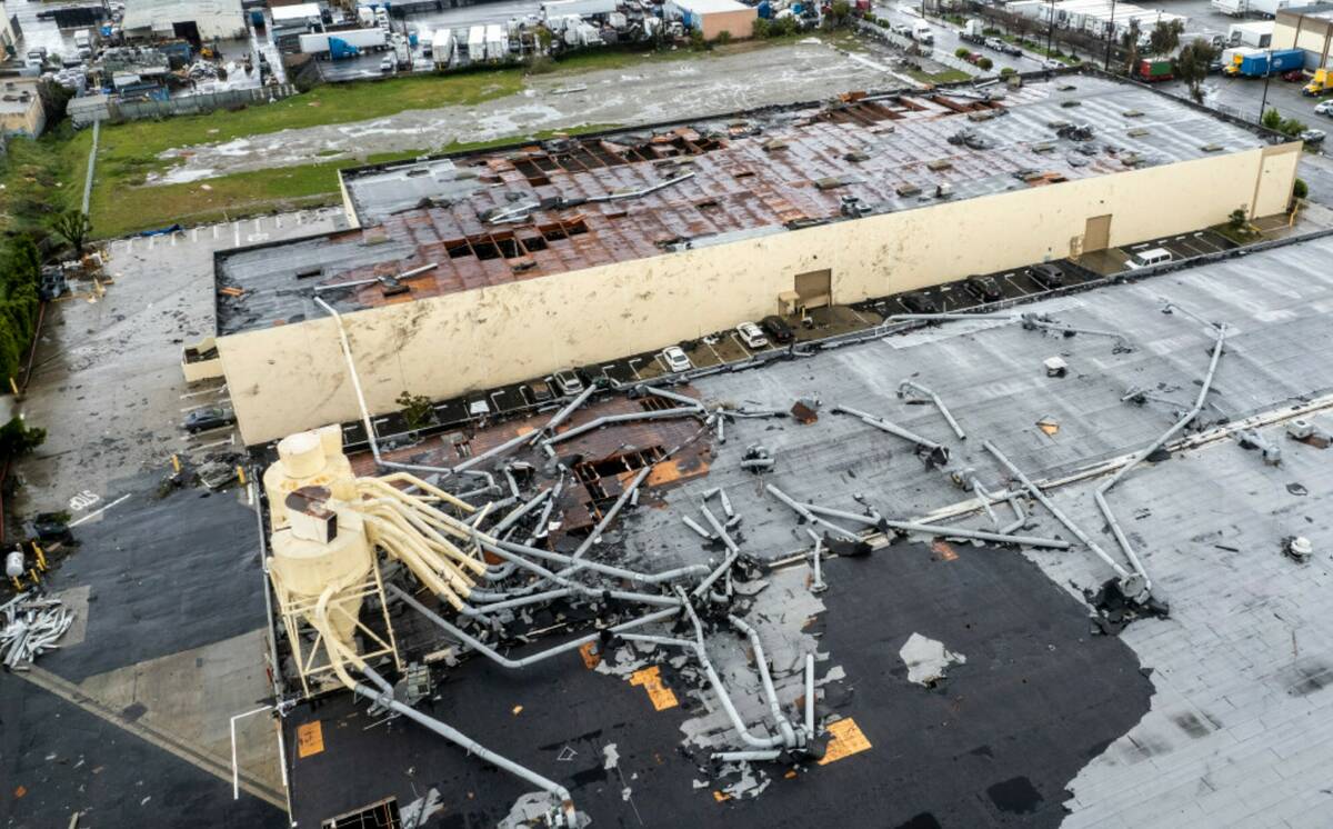 Damage to a building is seen on Wednesday, March 22, 2023 in Montebello, Calif., after a possib ...