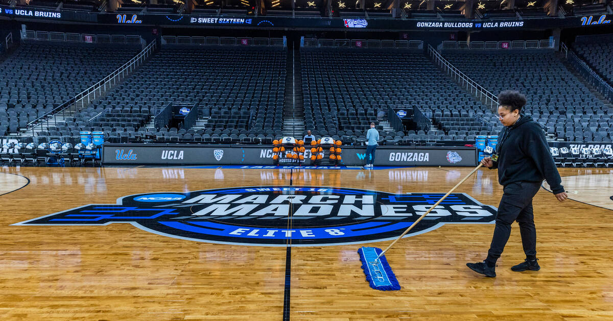 The court is readied for Gonzaga players during the West Regional practice for the Sweet 16 gam ...