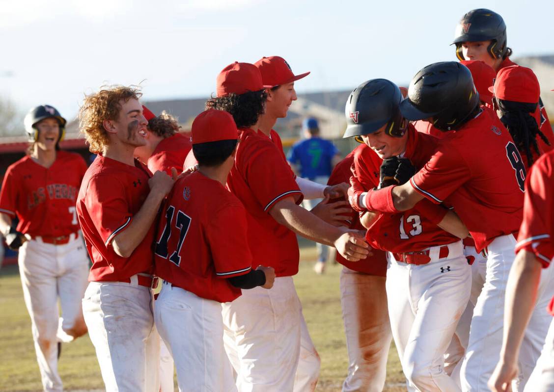 Las Vegas' Gage McGown (13) celebrates their 5-4 victory with his teammates after a baseball ga ...