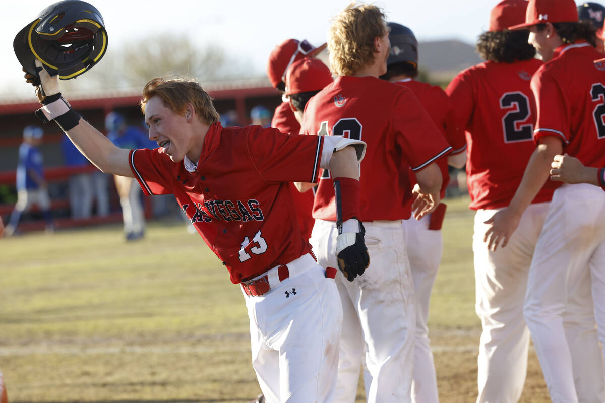 Las Vegas' Gage McGown (13) celebrates their 5-4 victory after a baseball game against Green Va ...