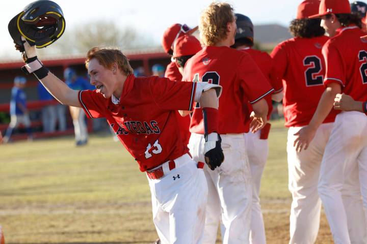 Las Vegas' Gage McGown (13) celebrates their 5-4 victory after a baseball game against Green Va ...