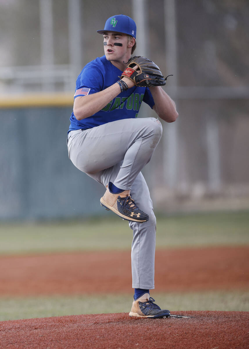 Green Valley's Brady Ballinger (7) delivers during the fifth inning of a baseball game, Thursda ...