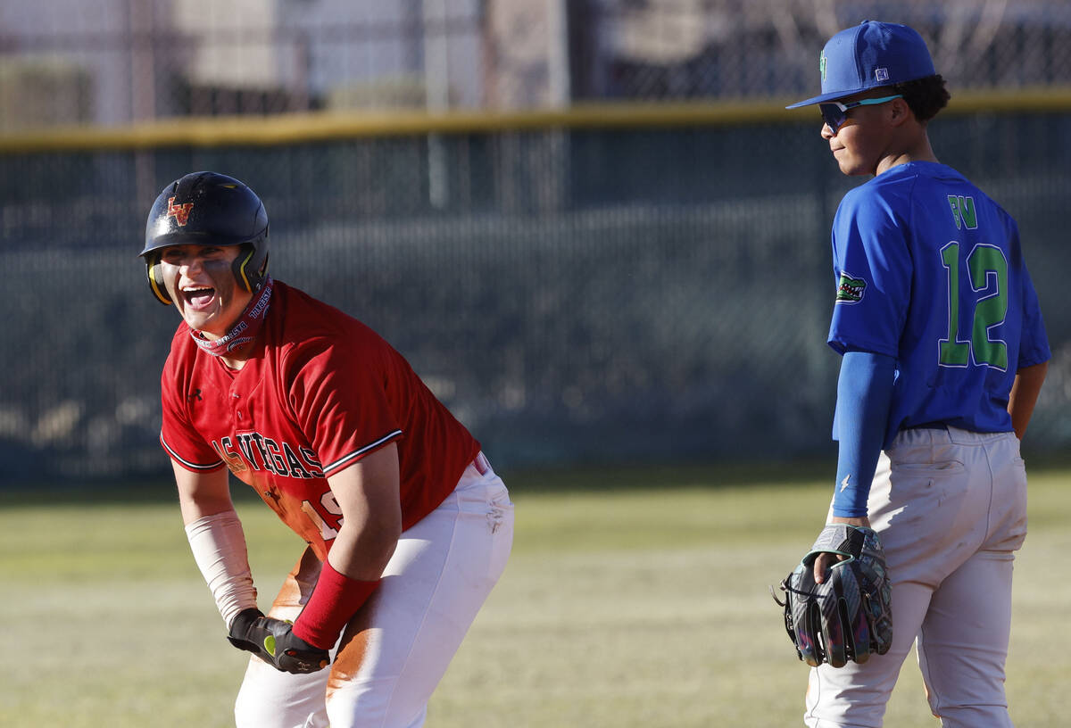 Las Vegas' Ashton Lee (19) reacts after hitting a double during the seventh inning of a basebal ...