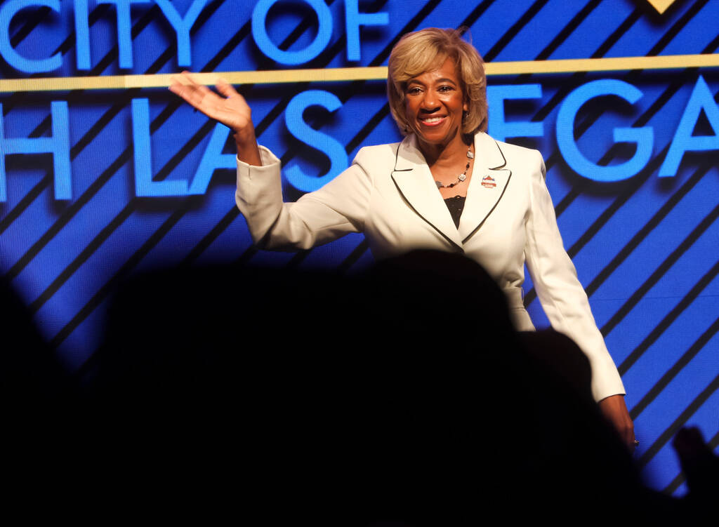North Las Vegas Mayor Pamela Goynes-Brown reacts as people applaud at the conclusion of the ann ...