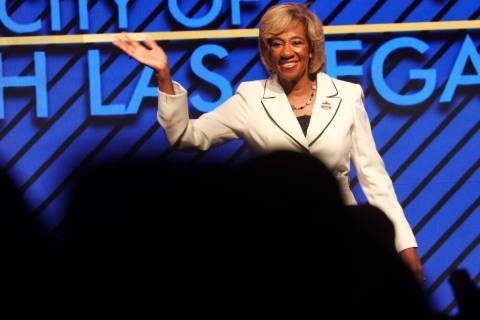 North Las Vegas Mayor Pamela Goynes-Brown reacts as people applaud at the conclusion of the ann ...