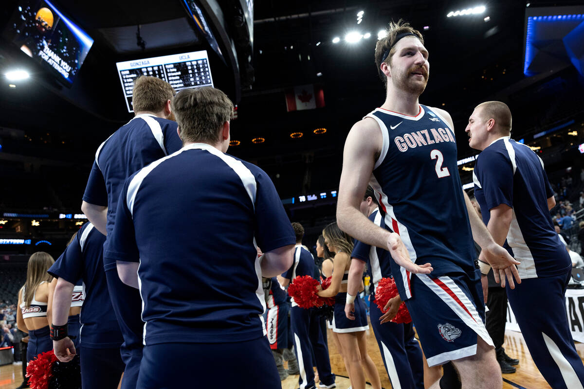 Gonzaga Bulldogs forward Drew Timme (2) leaves the court after winning a West Regional NCAA sem ...