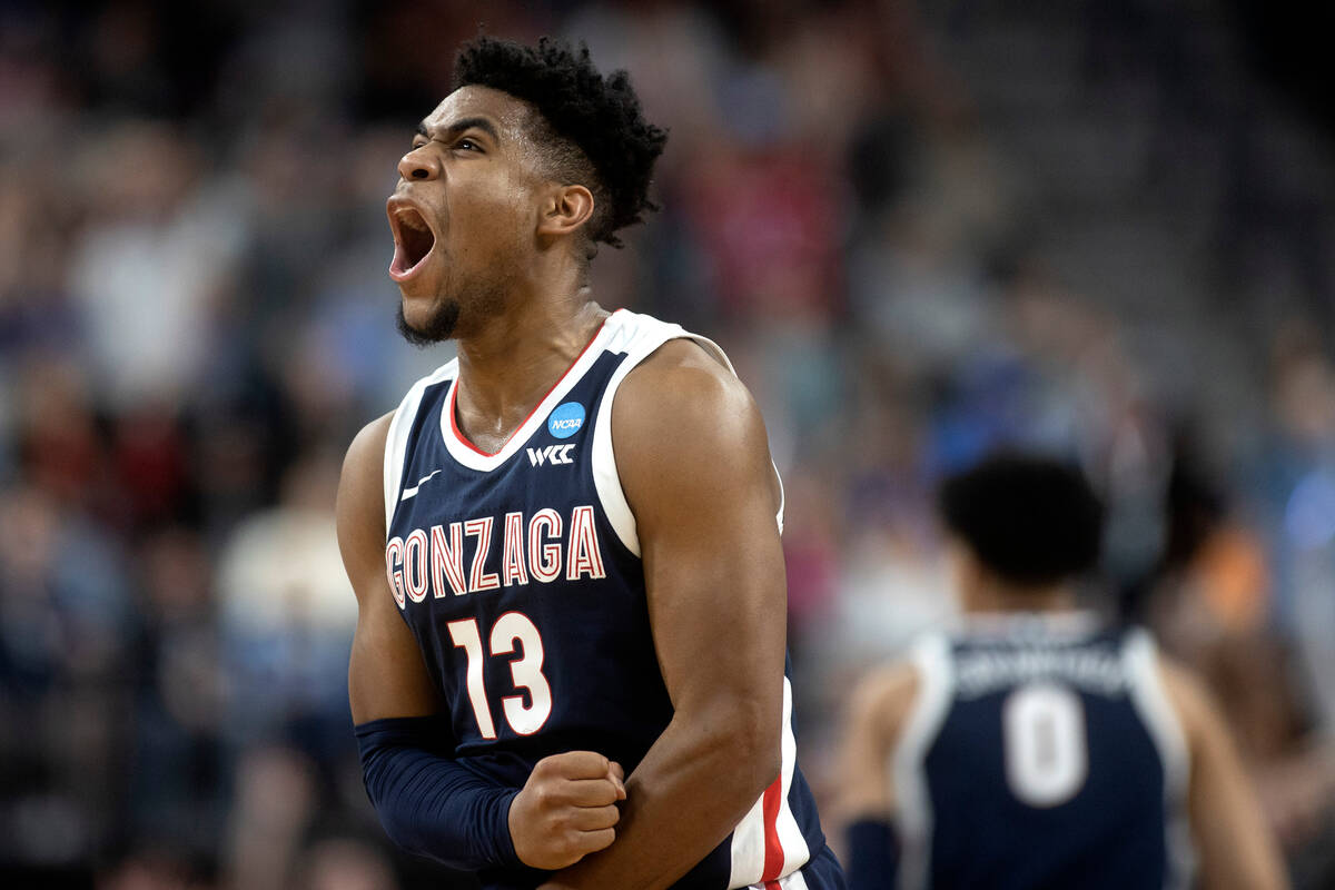 Gonzaga Bulldogs guard Malachi Smith (13) celebrates after scoring during the second half of a ...