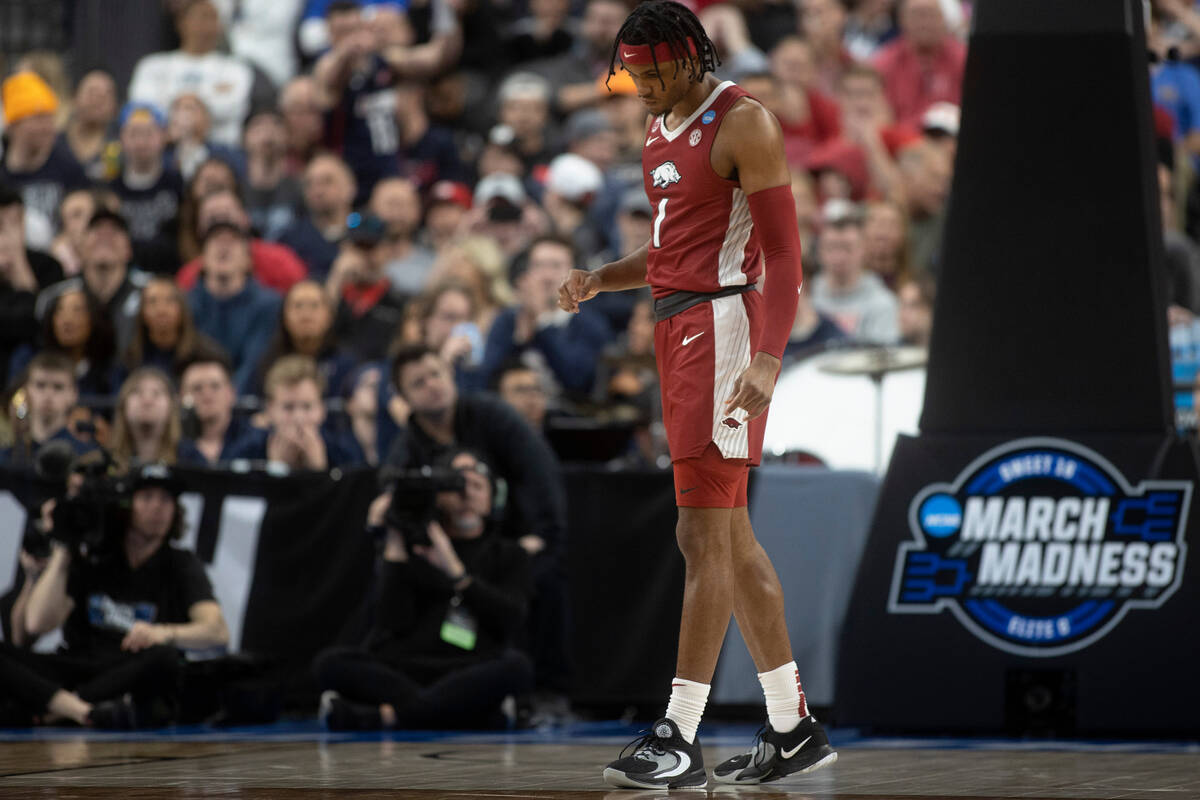 Arkansas Razorbacks guard Ricky Council IV (1) reacts after missing a free throw during the sec ...