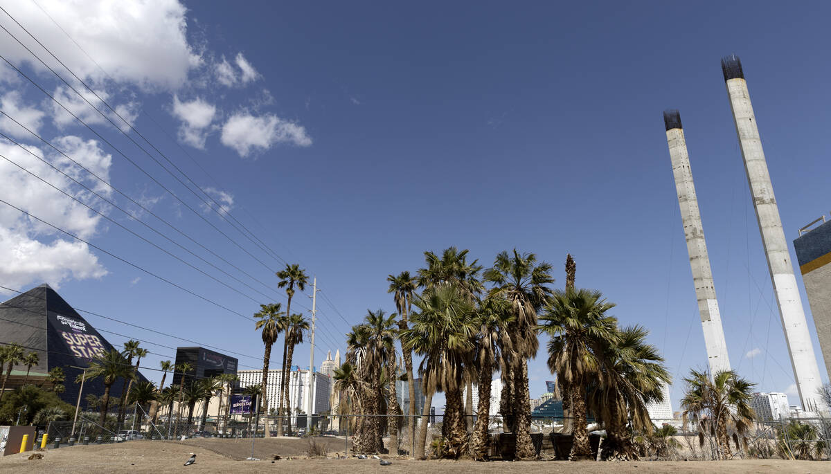 The failed SkyVue observation-wheel project, right, towers over South Las Vegas Boulevard on Fr ...