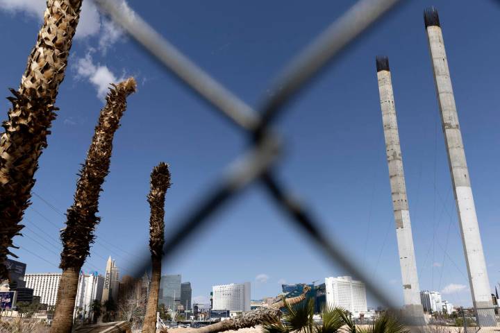 The failed SkyVue observation-wheel project, right, towers over South Las Vegas Boulevard on Fr ...