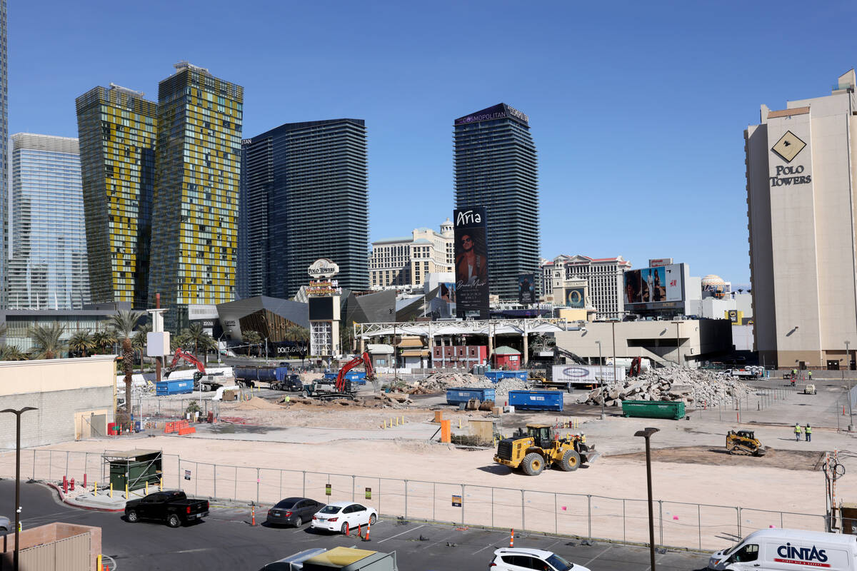 Crews clear the remains of buildings at 3755 Las Vegas Blvd. South on the Strip in Las Vegas Mo ...