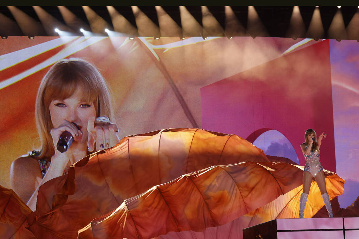 Taylor Swift performs during her Eras tour at Allegiant Stadium, Friday, March 24, 2023, in La ...