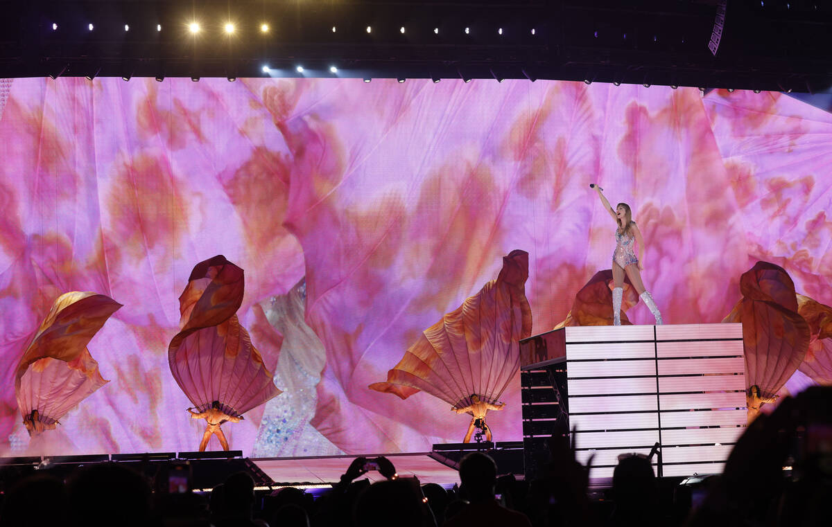 Taylor Swift performs during her Eras tour at Allegiant Stadium, Friday, March 24, 2023, in La ...