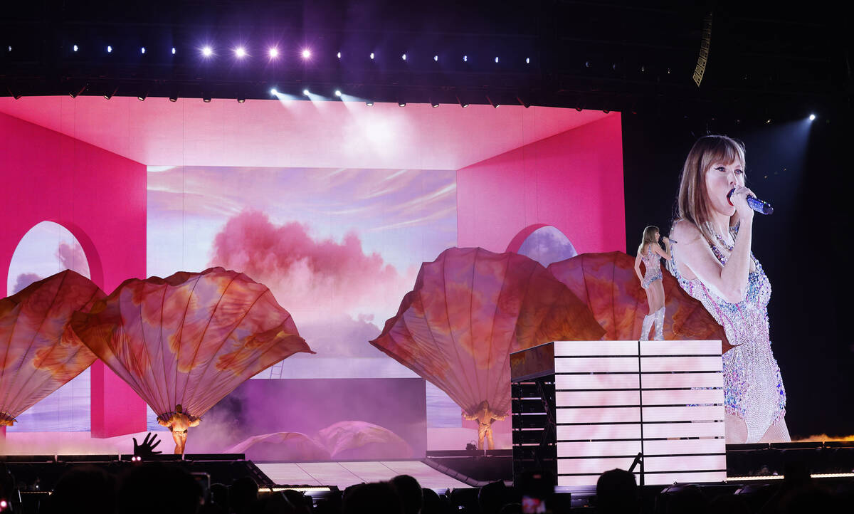 Taylor Swift performs during her Eras tour at Allegiant Stadium, Friday, March 24, 2023, in La ...