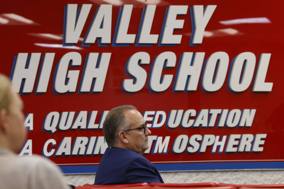 Clark County Schools Superintendent Jesus Jara listens Nevada Gov. Joe Lombardo’s during ...
