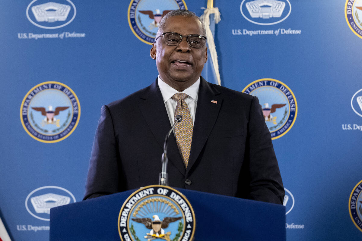 Secretary of Defense Lloyd Austin, speaks during a briefing with Chairman of the Joint Chiefs, ...