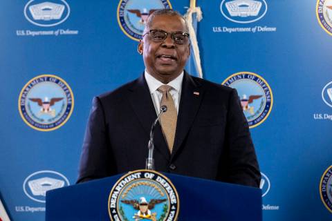 Secretary of Defense Lloyd Austin, speaks during a briefing with Chairman of the Joint Chiefs, ...
