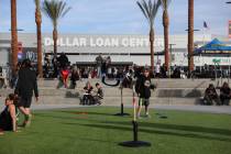 Fans outside of The Dollar Loan Center in Henderson before the start of an AHL game between the ...